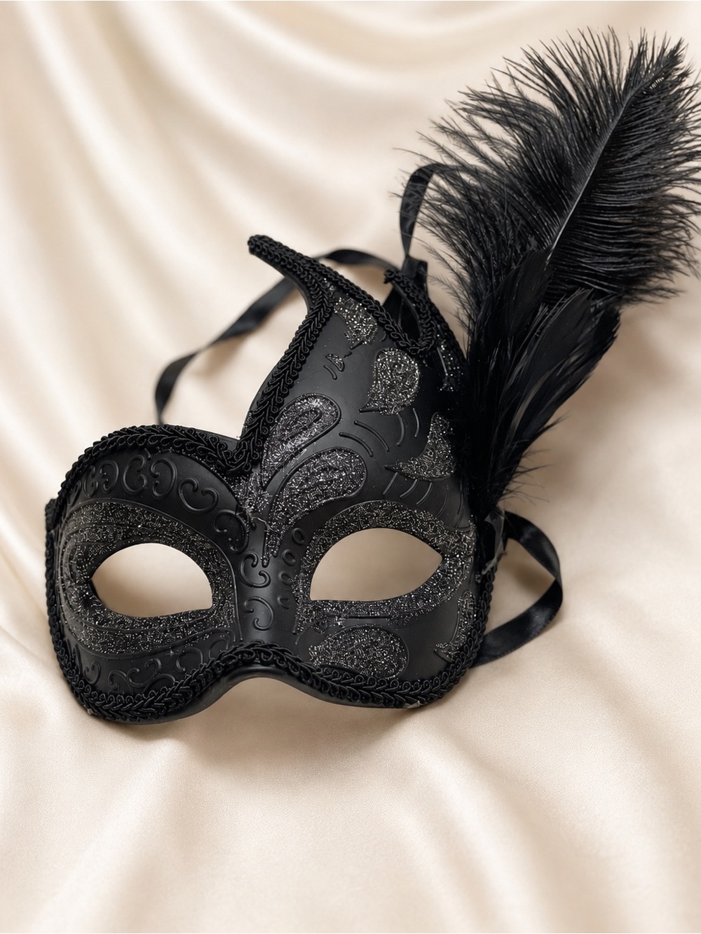 Black Feathered Venetian Masquerade Mask